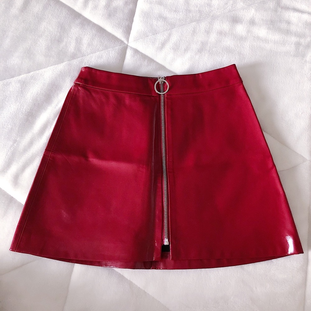 red faux leather mini skirt